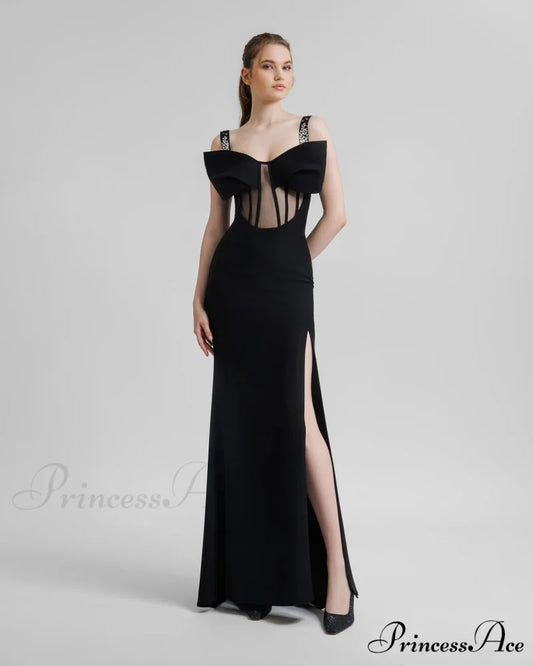 Sparkling Band Ribbon Split Sophisticated Prom Dress 黑色 / XS promdress-250223