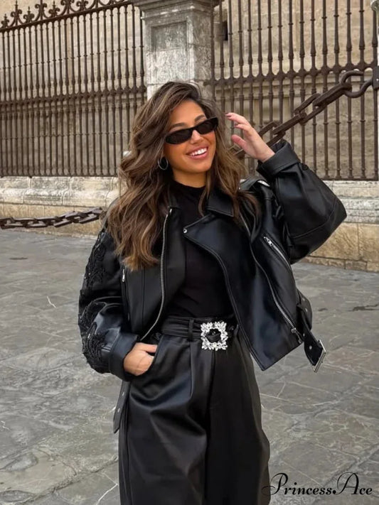 Sparkling Belted Leather Coat coats-241228