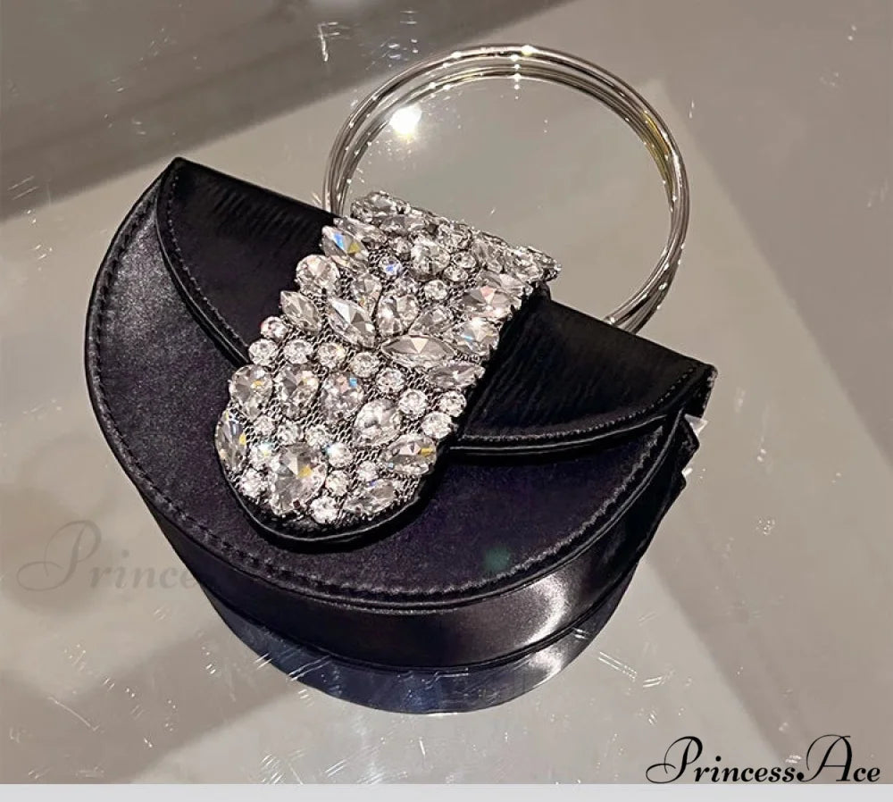 Sparkling Crystal Silk Evening Clutch Wedding Bag Black 16cm clutchbag-250126