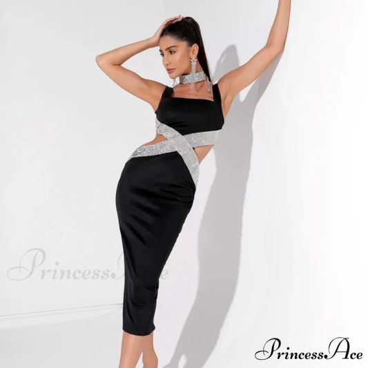 Sparkling Diamonds Midi Party Dress Black / S