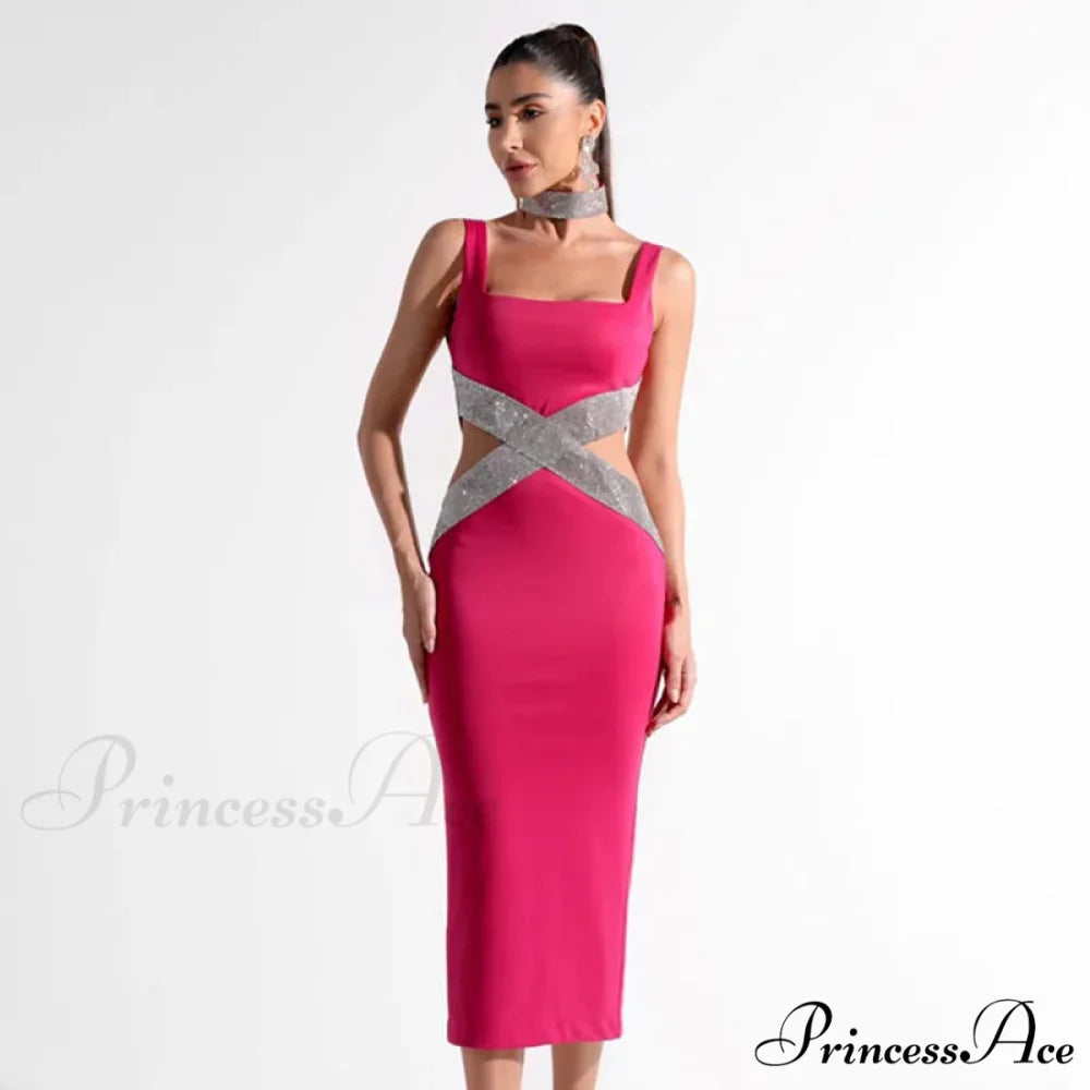 Sparkling Diamonds Midi Party Dress Rose Red / S