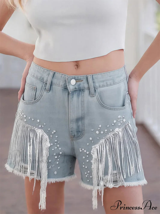 Sparkling Fringe Distressed Denim Short SKY BLUE / S short-250223