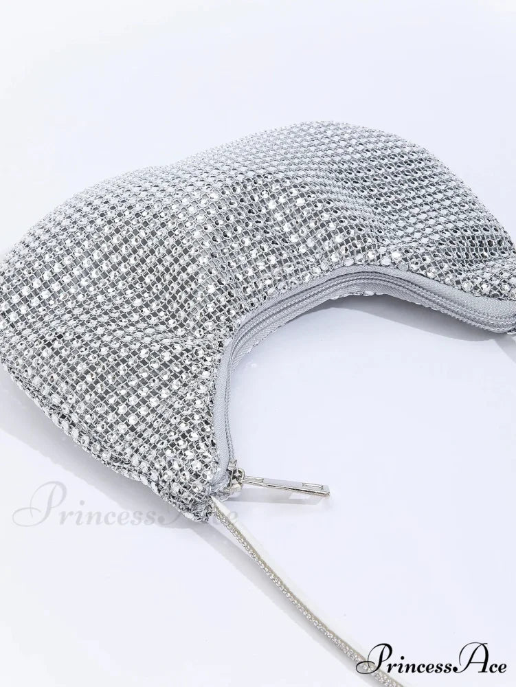 Sparkling Gem Zippered Solid Evening Clutch Bag Silver clutchbag-250126