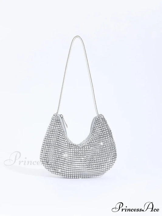 Sparkling Gem Zippered Solid Evening Clutch Bag Silver clutchbag-250126
