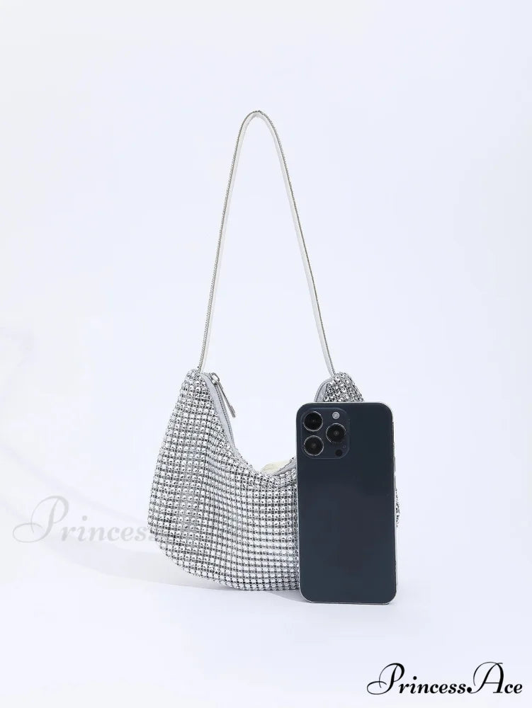 Sparkling Gem Zippered Solid Evening Clutch Bag Silver clutchbag-250126