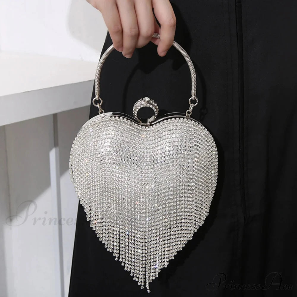 Sparkling Heart Design Silver Evening Clutch Wedding Bridal Bag clutchbag-250126