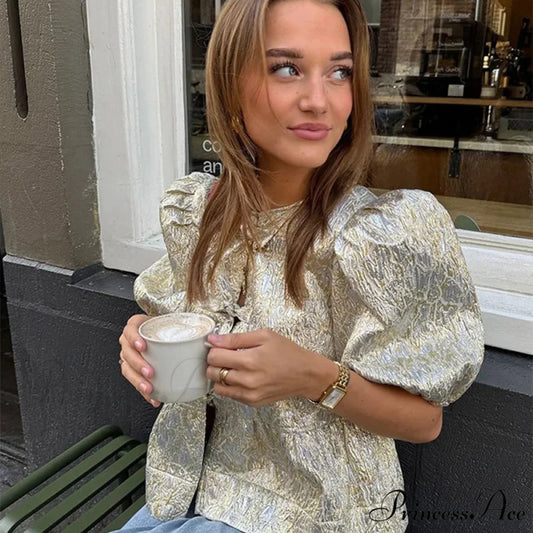 Sparkling Lace-Up Bow Puffy Sleeve Brief Blouse white / S blouse-250126