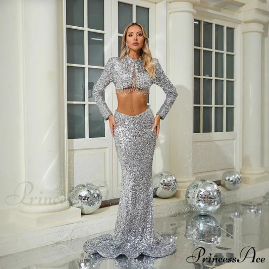 Sparkling Long Sleeve Crop Top Mermaid Prom Dress promdress-250223