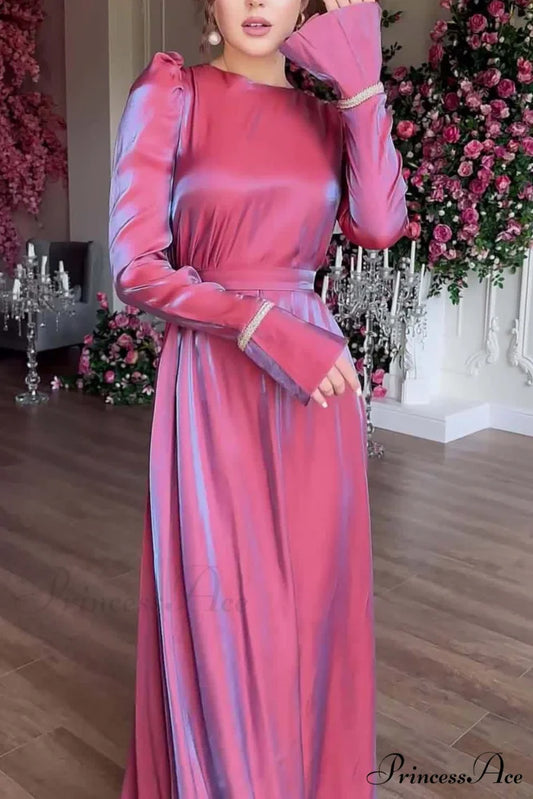 Sparkling Satin Puff Sleeve Midi Dress with Glitter Finish Purple Red / M