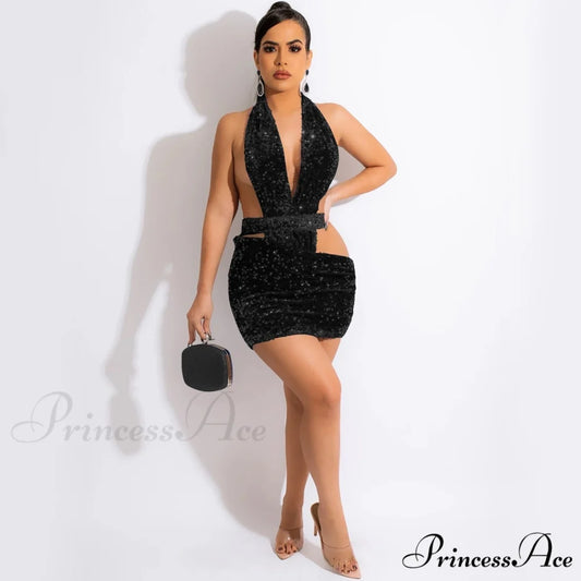 Sparkling Sequin Hollow Out Deep V Neck Halter Backless Mini Dress