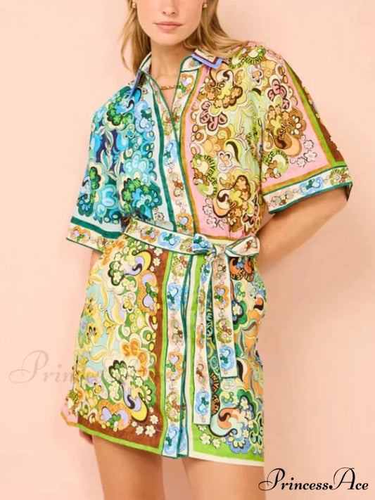 Special Satin Stylish Print Mini Dress Multi-Color / S