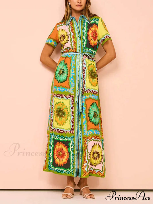 Special Sunflower Stylish Print Midi Dress Multi-Color / S