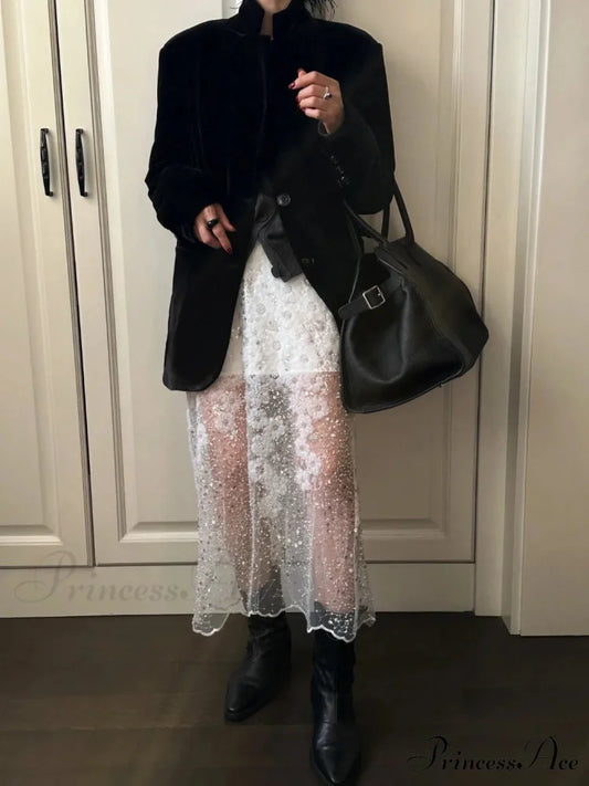 Special White Lace Embellished Sequins High Waist Skirt Women’s Fashion skirt-250126