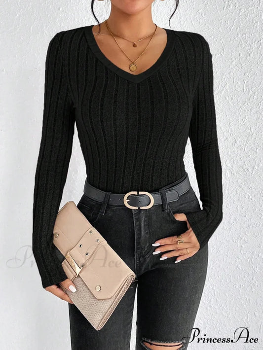 Spice Girl Seductive Slim V-Neck Style Personality Top Women black / XS knittop-250126