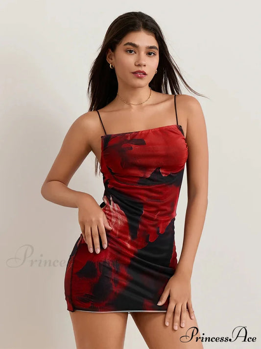 Spicy Flower Pattern Sheath Open-Back Spaghetti Mini Nightclub Flower Dress floraldress-250126