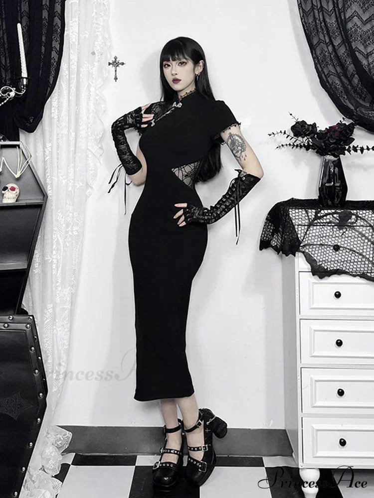 Spliced Cheongsam Vintage Lace Patchwork Bodycon Slim Chinese Short Sleeveless Dress Black / XS