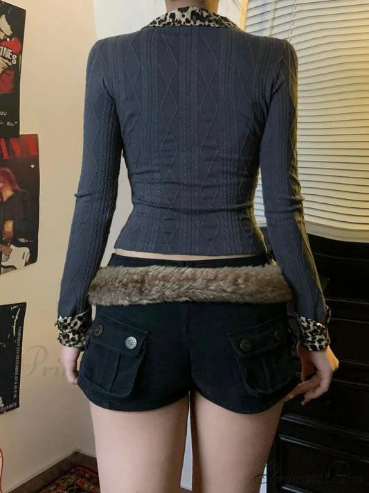 Spotted Patchwork Faux 2 Piece Slim Fold-Over Collar Long Sleeve Knit Top knittop-250126