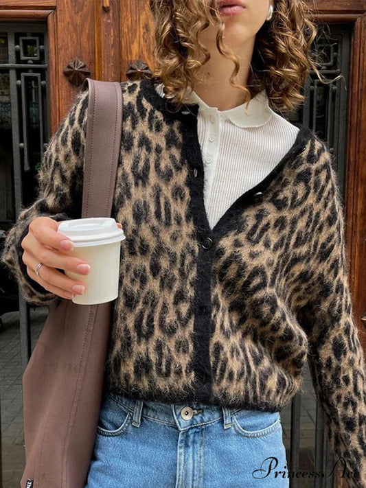 Spotted Pattern Circular Neck Mohair Cardigan Leopard / S cardigans-241228