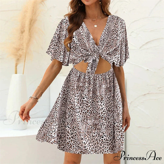Spotted Pattern Deep Bow Neck Boho Dress Leopard / M bohodress-250126