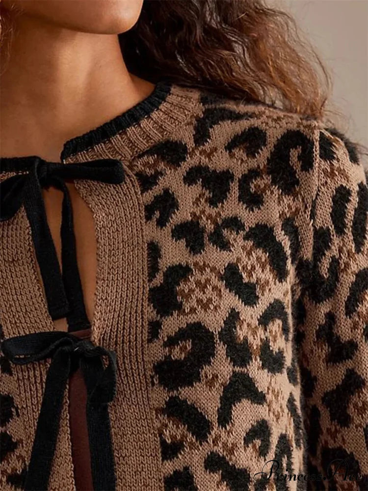 Spotted Pattern Ribbed Tie Front Knit Cardigan cardigans-241228