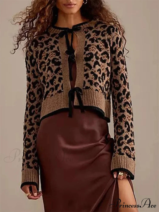 Spotted Pattern Ribbed Tie Front Knit Cardigan light brown / S cardigans-241228