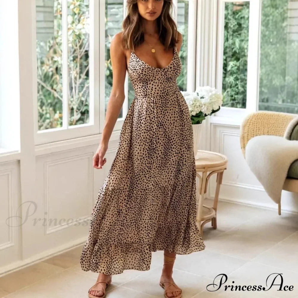 Spotted Pattern Strapless Seductive Plunging Neckline Beach Vacation Maxi Bohemian Dress bohodress-250126