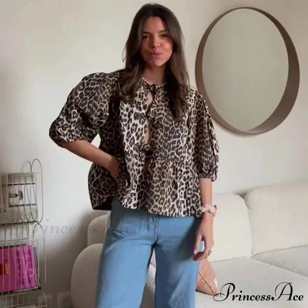 Spotted Ribbon Lace-Up Puff Sleeve Top leopard / S blouse-250223