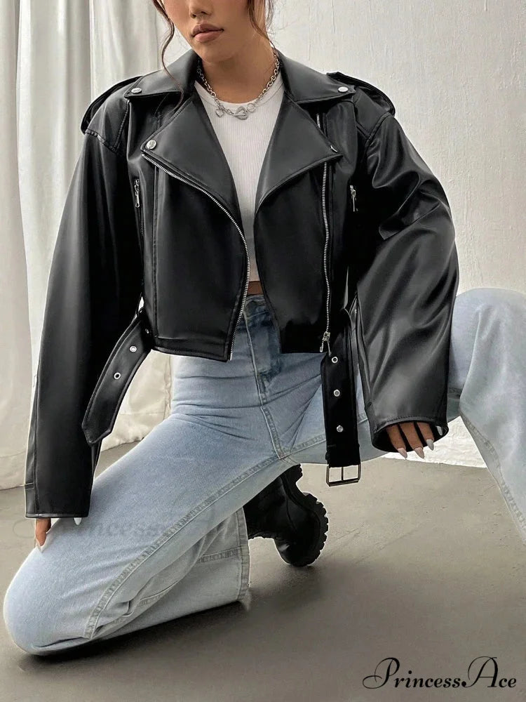 Spring Autumn Casual Lapel Zipper PU Leather High Street Motorcycle Jacket