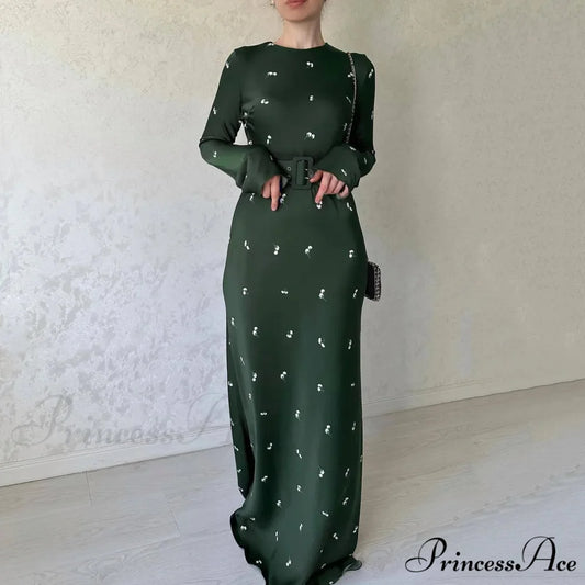 Spring Autumn Elegant Floral Printed Puff Sleeve Nipped Waist Slim Fit Round Neck Maxi Streetwear Dress Green / XS