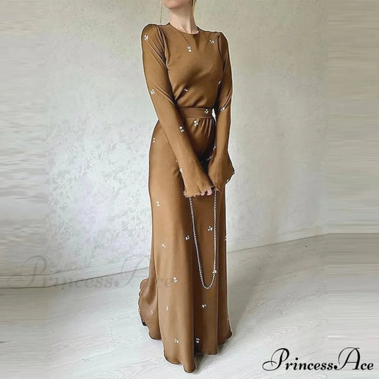Spring Autumn Elegant Floral Printed Puff Sleeve Nipped Waist Slim Fit Round Neck Maxi Streetwear Dress Khaki / XS