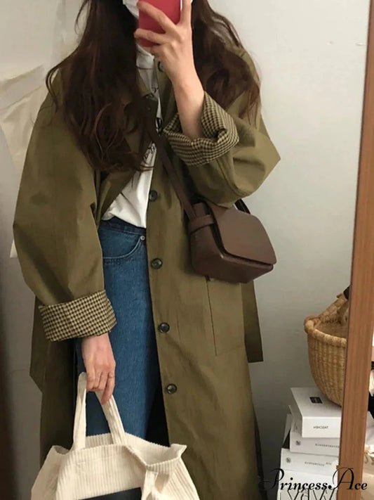 Spring Autumn Long Loose Casual Chic Turn-down Collar Pockets Single Breasted Korean Fashion 2024 Stylish Coat Green / S