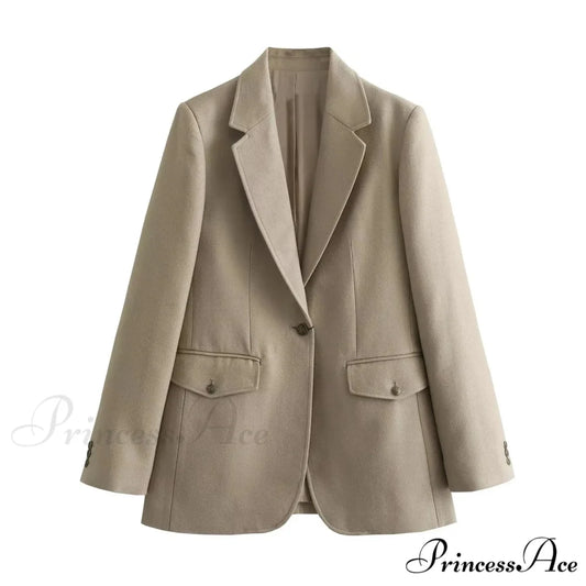 Spring Autumn One Button BF Boyfriend Vintage Long Sleeve Khaki Blazer Khaki / S