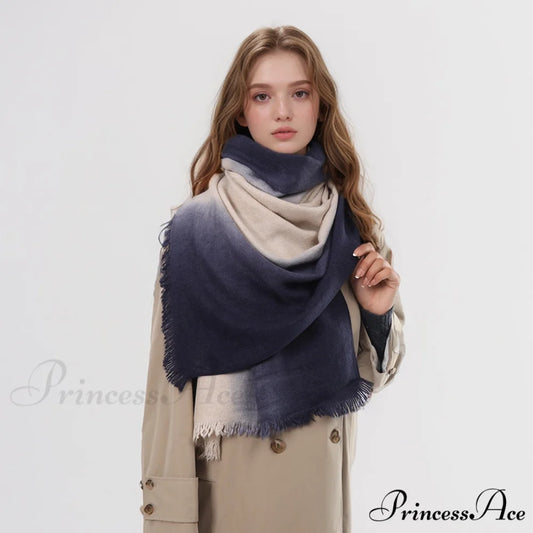 Spring Autumn Winter Thin High-end Gradient Two-tone Large Faux Cashmere Elegant Scarf Navy Blue