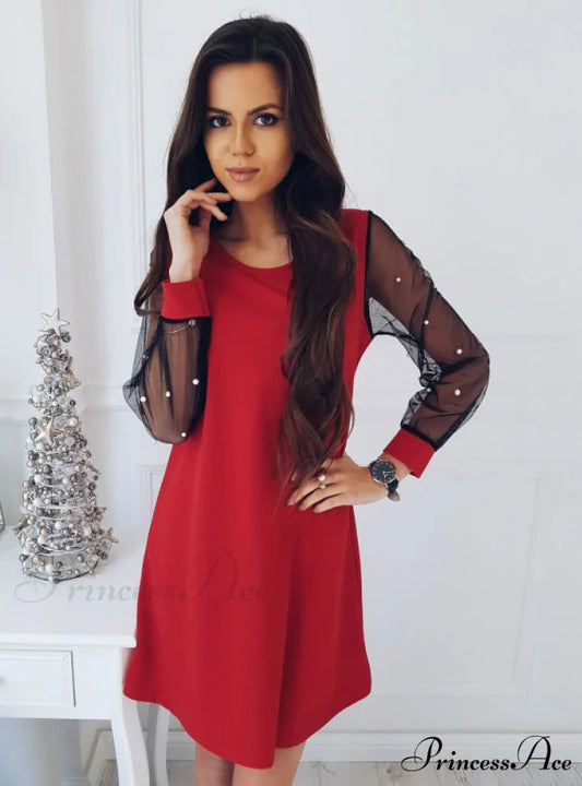 Spring Boat Neck Long Sleeve Straight Dress in Black S / Red