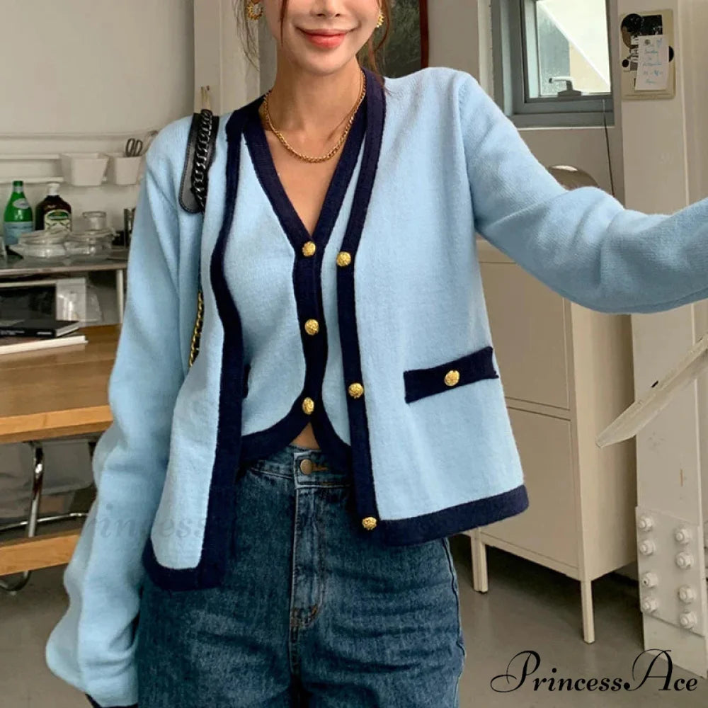 Spring Deep V-neck Extended Sleeve Knitted Cardigan Blue / One Size cardigans-241228