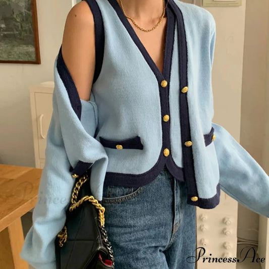 Spring Deep V-neck Extended Sleeve Knitted Cardigan Blue / One Size cardigans-241228
