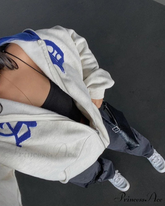 Spring Hoodie Hop Zipper Y2K Oversized Women’s Gray Embroidery Letter Streetwear Punk Hip Sweatshirt 1 / S