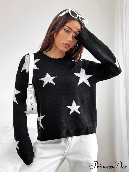 Spring Stylish Colorful Contrast Starry Cozy Comfortable Loose Long-sleeved Warm Sweater Black / S