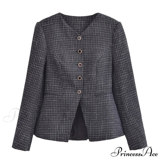 Spring V Collar White Plaid Woven Tweed Slim Waist Single-Breasted Button Slit Blazer Black / S