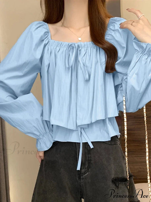 Square Neck Extended Puff Sleeve Frilled Blouse Blue / S blouse-250126
