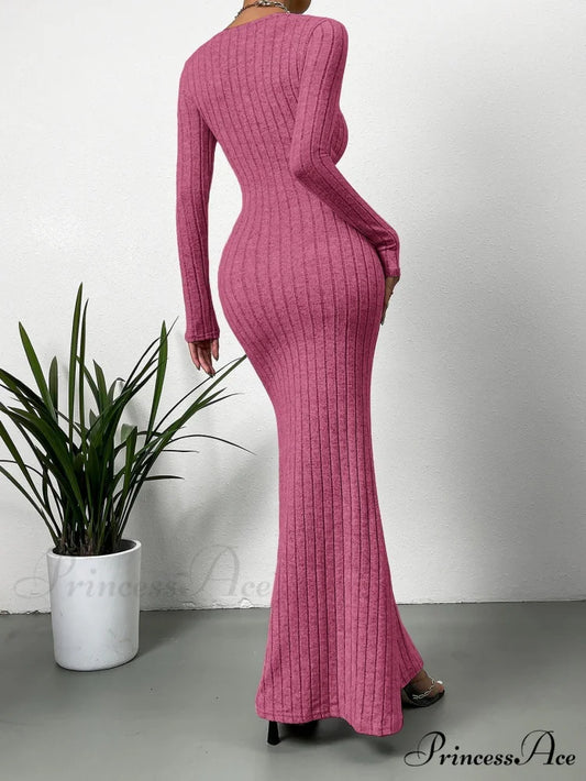 Square Neck Ribbed Knit Mermaid Hem Dress
