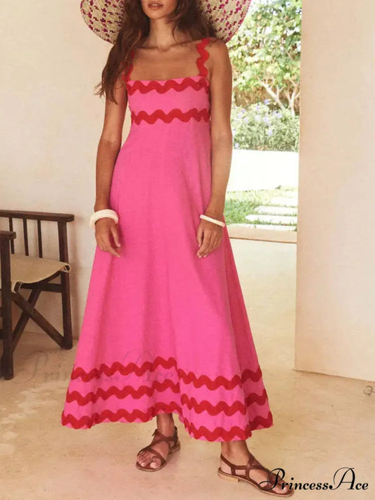 Square Neck Stylish Strap Maxi Dress Pink / S