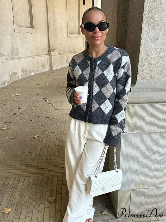 Square Printed Round-neck Long Sleeve Cardigan cardigans-241228