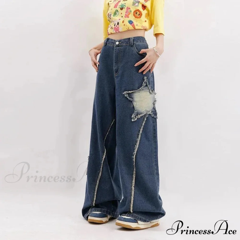 Star Loose Denim Broad Leg Trousers pants-241228