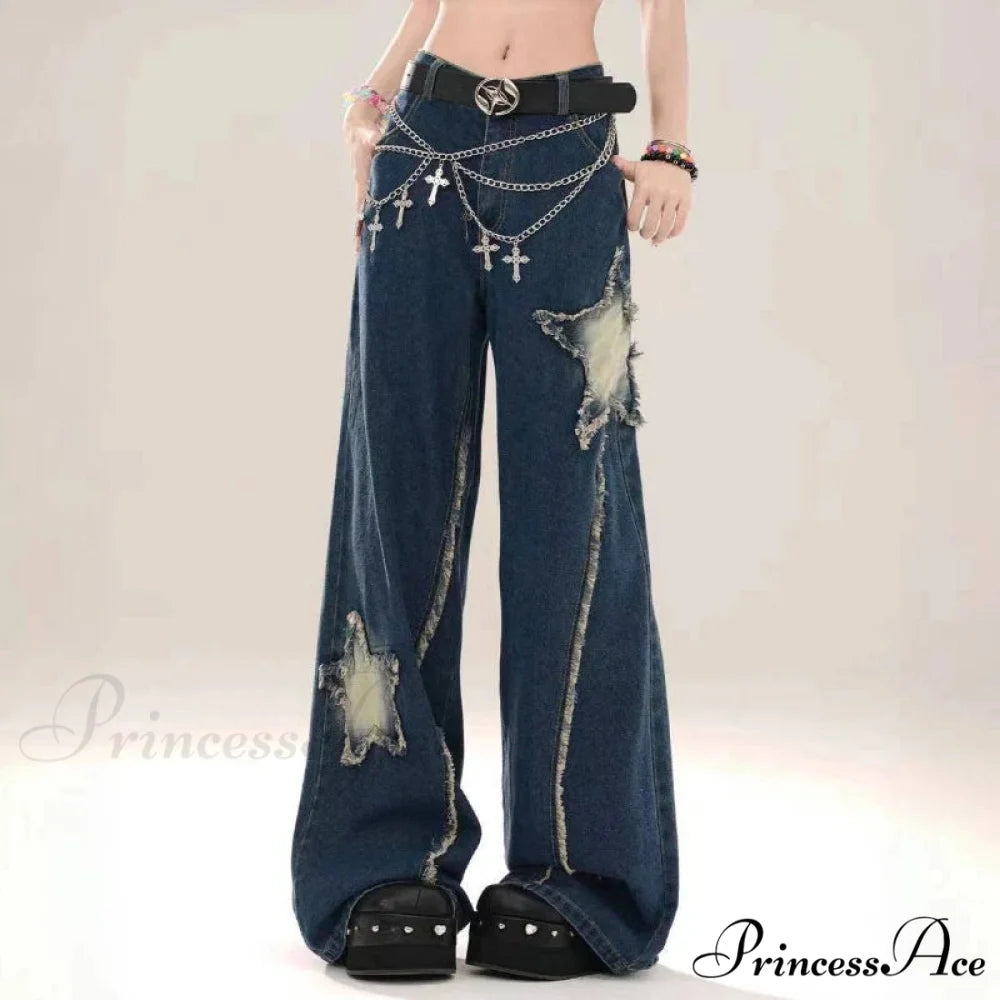 Star Loose Denim Broad Leg Trousers pants-241228