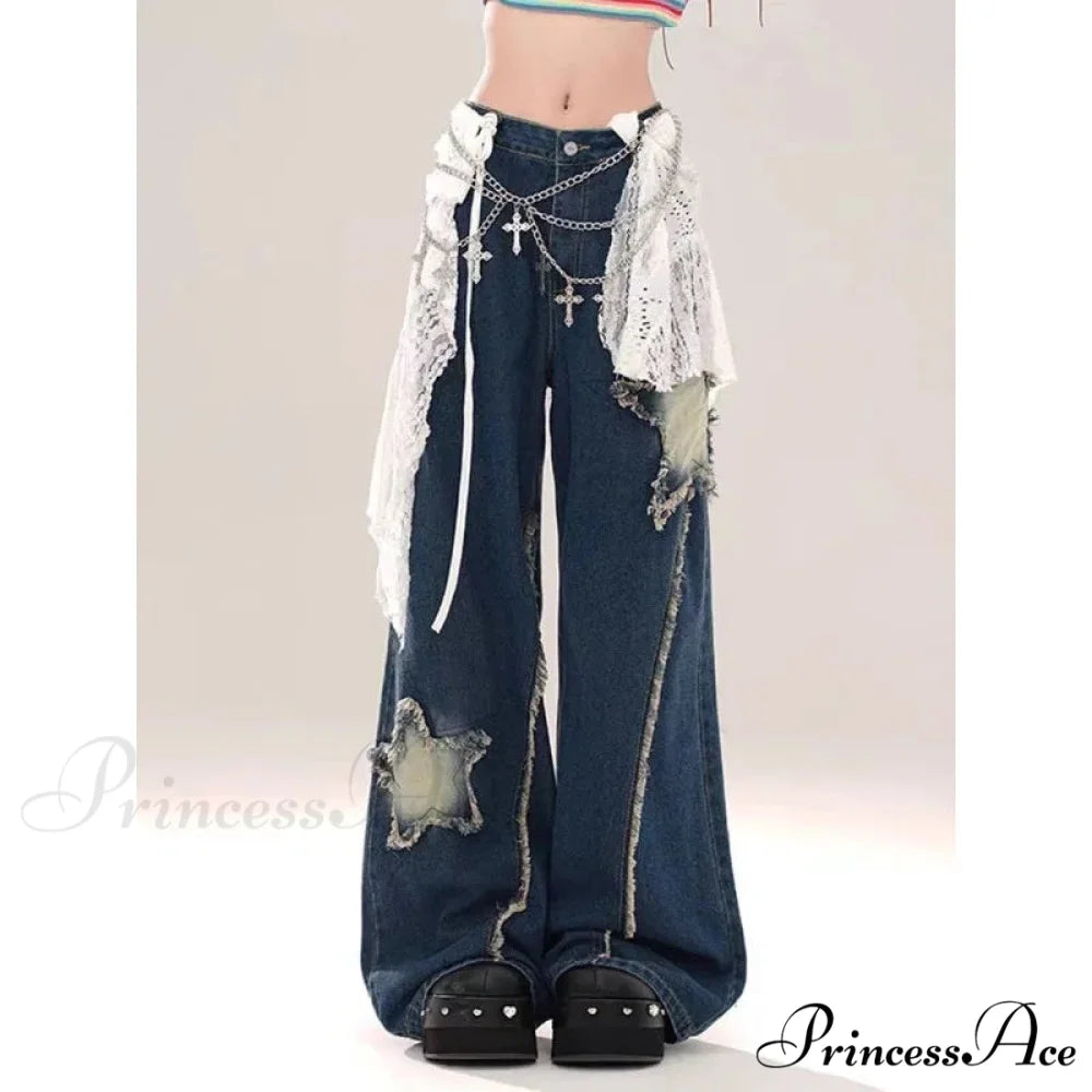 Star Loose Denim Broad Leg Trousers pants-241228