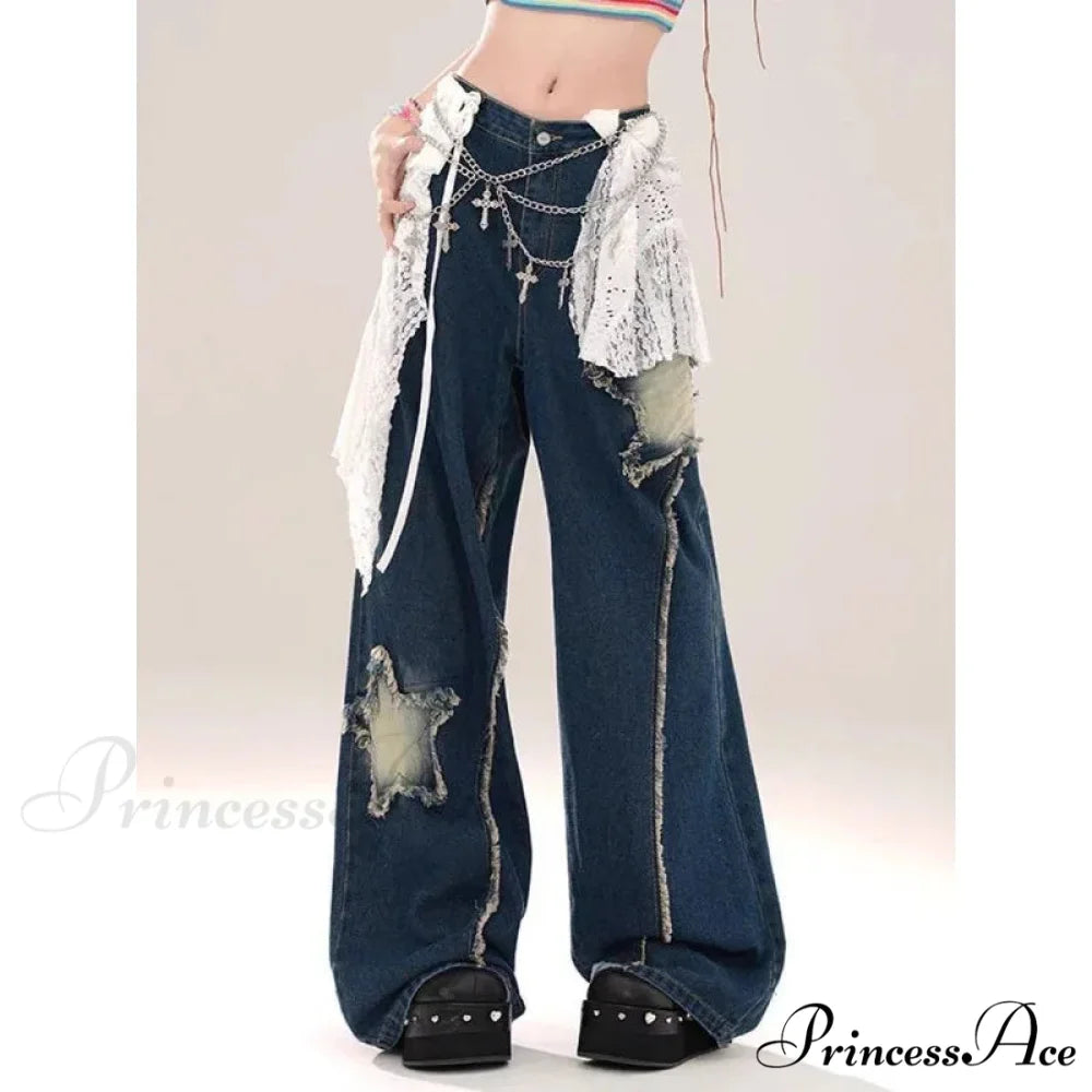 Star Loose Denim Broad Leg Trousers pants-241228