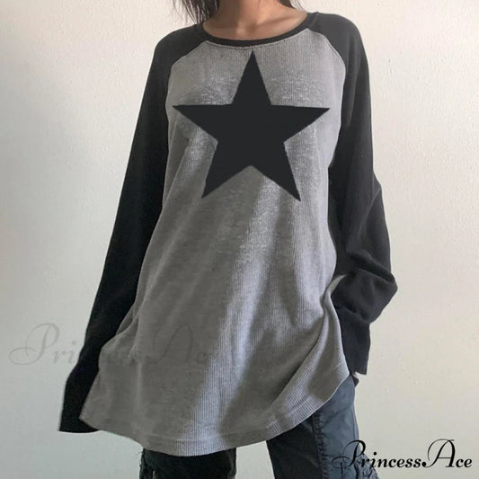 Star Print Oversized T-shirts Grey / S