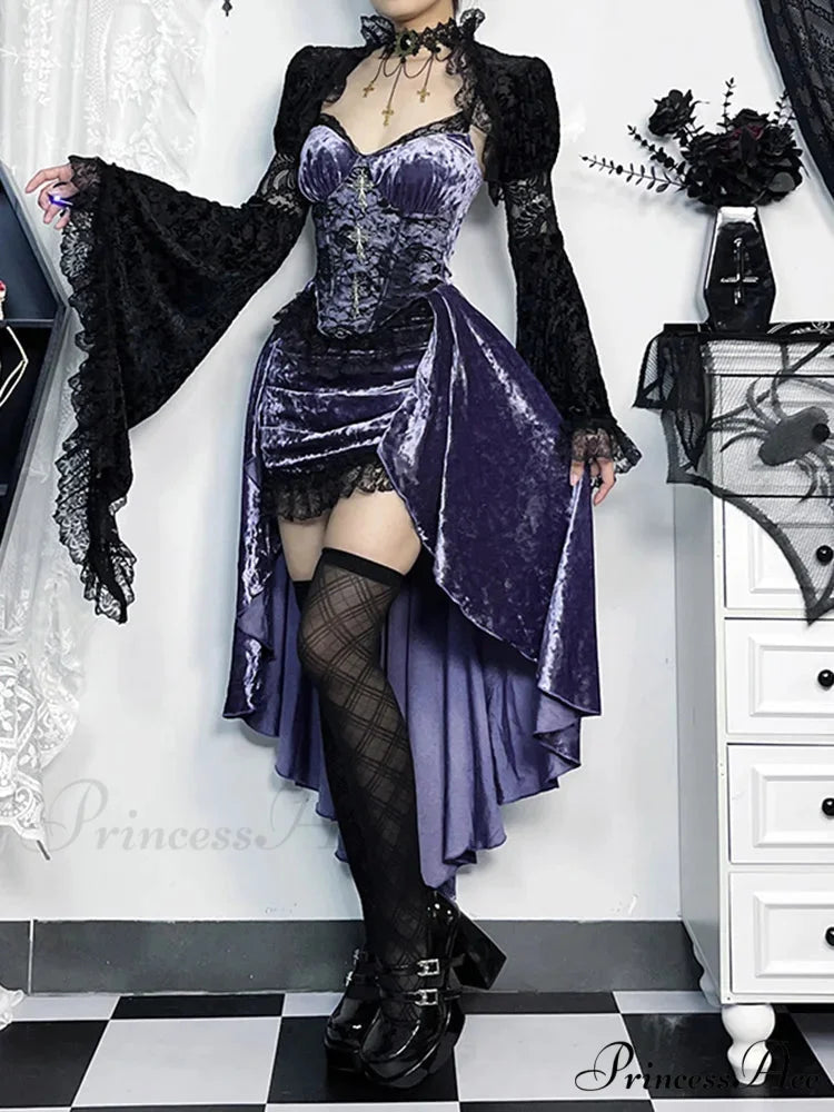 Steampunk High Low Vintage Floral Lace Spaghetti Strap Lolita Lace Up Corset Dress