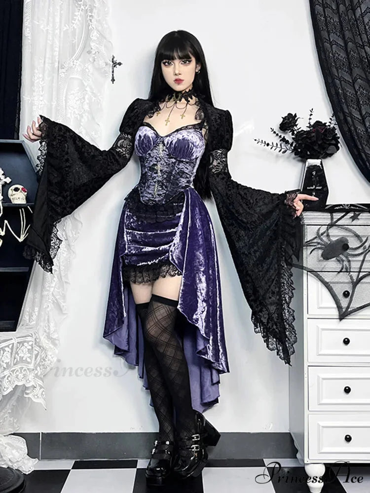 Steampunk High Low Vintage Floral Lace Spaghetti Strap Lolita Lace Up Corset Dress
